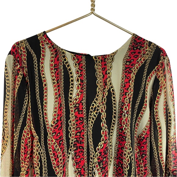 Peter Nygard Chain Print Blouse Top XL Trumpet Sleeve Red Black Career - Picture 4 of 9